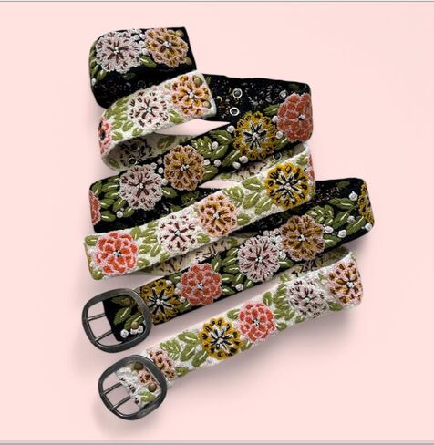 Peruvian Embroidered Belt for Women, Wool, Handmade, Fair Trade - Vintage Blossom Black Base in Saudi Arabia