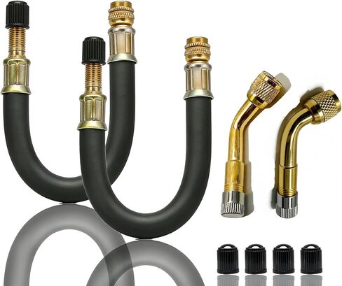4 Pack Tire Valve Extension : 2X 8.25 Flexible Stem Extenders, 2X 90° 135° Brass Adaptors for RV, Truck, Dual Wheel, Motorcycle - Includes 4 Valve Caps in Kuwait
