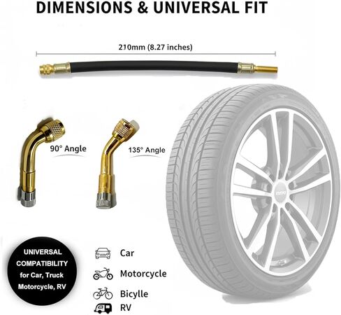 4 Pack Tire Valve Extension : 2X 8.25 Flexible Stem Extenders, 2X 90° 135° Brass Adaptors for RV, Truck, Dual Wheel, Motorcycle - Includes 4 Valve Caps in Kuwait
