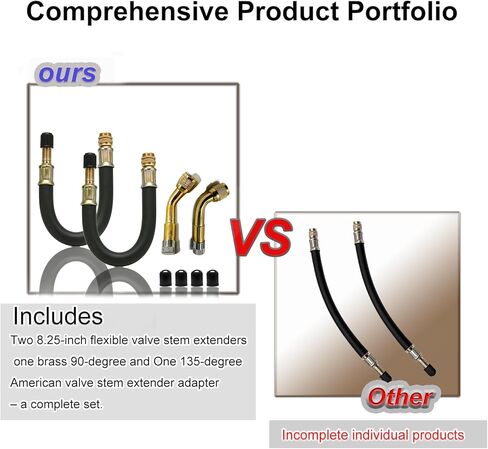 4 Pack Tire Valve Extension : 2X 8.25 Flexible Stem Extenders, 2X 90° 135° Brass Adaptors for RV, Truck, Dual Wheel, Motorcycle - Includes 4 Valve Caps in Kuwait