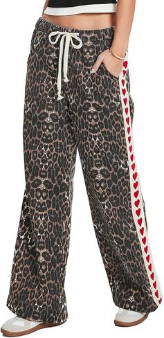 Kedera Women Leopard Heart Print Stripe Jeans Drawstring Stretch Elastic Waist Pants Y2K Casual Boyfriends Trousers in Saudi Arabia