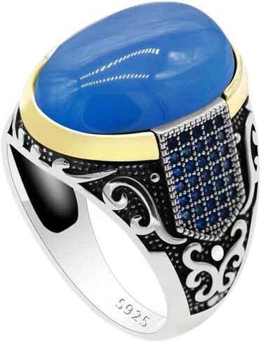S925 sterling silver men's ring, blue natural lapis lazuli, handmade men's jewelry ring, simple and grand men's ring, ring silver luxury retro wedding Türkiye jewelrySize7-13 in Kuwait