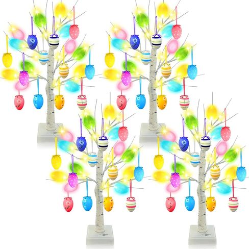 Tuanse 4 حزمة عيد الفصح مضاءة شجرة الديكور 24 بوصة شجرة البتولا الاصطناعية 24 LED مع 24 بيضة الحلي الموقت بطارية تعمل / USB لديكور المنزل حفل زفاف in Saudi Arabia