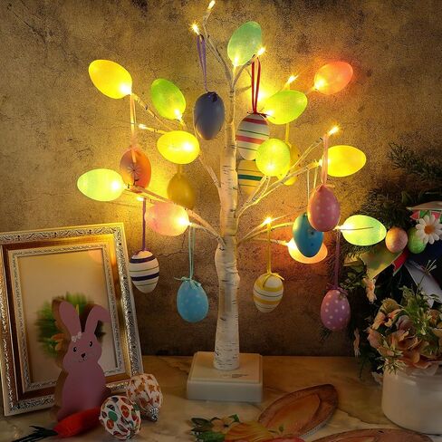 Tuanse 4 حزمة عيد الفصح مضاءة شجرة الديكور 24 بوصة شجرة البتولا الاصطناعية 24 LED مع 24 بيضة الحلي الموقت بطارية تعمل / USB لديكور المنزل حفل زفاف in Saudi Arabia