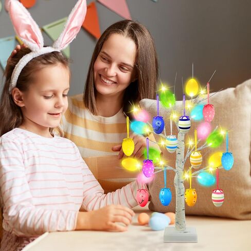 Tuanse 4 حزمة عيد الفصح مضاءة شجرة الديكور 24 بوصة شجرة البتولا الاصطناعية 24 LED مع 24 بيضة الحلي الموقت بطارية تعمل / USB لديكور المنزل حفل زفاف in Saudi Arabia