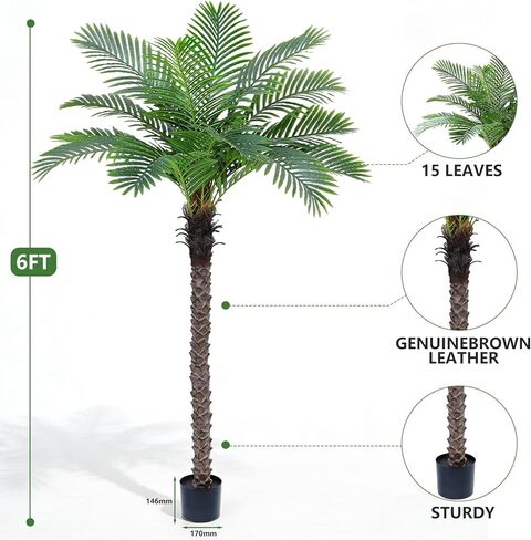 شجرة نخيل العنقاء الاصطناعية بطول 6 أقدام، أشجار جوز الهند الاستوائية الطويلة في الداخل والخارج، نباتات أرضية صناعية حريرية كبيرة في وعاء أسود، نبات اصطناعي للفناء الخارجي بجوار حمام السباحة ديكور مكتب المنزل in Kuwait