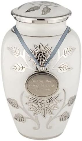 جرة حرق الجثث باللون الأبيض منقوشة حسب الطلب للرماد والنحاس والأبيض والفضي، جرة حرق الجثث بحجم البالغين، ارتفاع 10.5 بوصة in Kuwait
