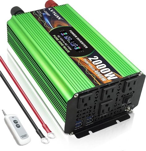 عاكس طاقة موجة جيبية نقية 3000 وات من LVYUAN، عاكس تيار مستمر 12 فولت إلى 110 فولت مع كابلين بطارية AWG، لوحة شاشة تحكم عن بعد وLCD، 4 منافذ تيار متردد، 5 فولت/3.1 أمبير USB، 20 واط USB C، 6000 واط زيادة لمركبة RV، شاحنة، خارج الشبكة in Kuwait