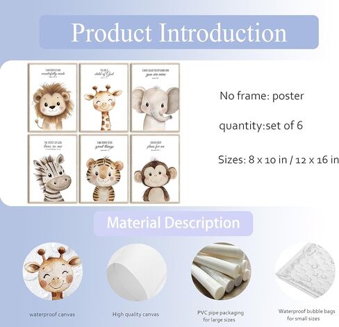 6Pcs Nursery Bible Verse Animal Wall Art Cute Woodland Animals Christian Picture Wall Decor Lions Elephant Giraffe Poster Print Artwork for Classroom BabyBedroom Boys Girls Home Decoration Unframed in Saudi Arabia