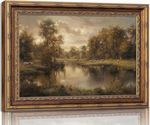 Vintage Gold Framed Landscape Wall Art Vintage River Painting Canvas Prints Landscape Wall Decor Countryside Sheep Painting Style Poster Print Artwork for Living Room Bedroom Home Decoration in Saudi Arabia