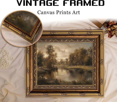 Vintage Gold Framed Landscape Wall Art Vintage River Painting Canvas Prints Landscape Wall Decor Countryside Sheep Painting Style Poster Print Artwork for Living Room Bedroom Home Decoration in Saudi Arabia