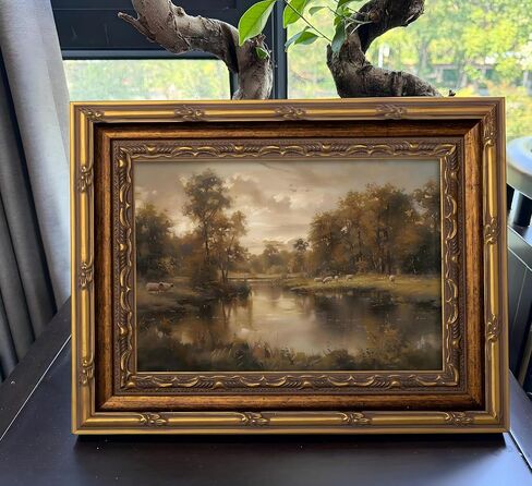 Vintage Gold Framed Landscape Wall Art Vintage River Painting Canvas Prints Landscape Wall Decor Countryside Sheep Painting Style Poster Print Artwork for Living Room Bedroom Home Decoration in Saudi Arabia
