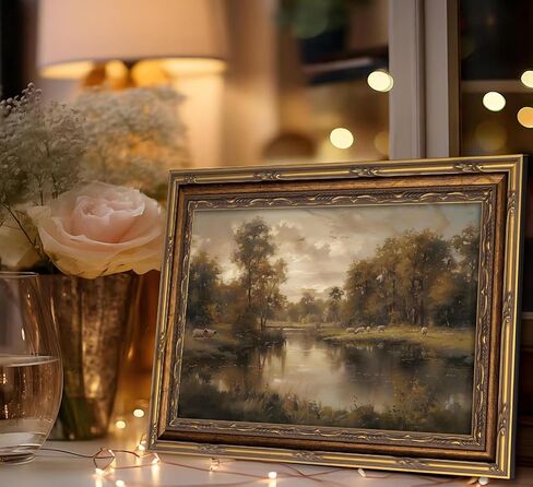 Vintage Gold Framed Landscape Wall Art Vintage River Painting Canvas Prints Landscape Wall Decor Countryside Sheep Painting Style Poster Print Artwork for Living Room Bedroom Home Decoration in Saudi Arabia