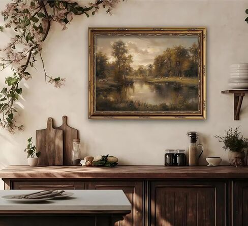 Vintage Gold Framed Landscape Wall Art Vintage River Painting Canvas Prints Landscape Wall Decor Countryside Sheep Painting Style Poster Print Artwork for Living Room Bedroom Home Decoration in Saudi Arabia