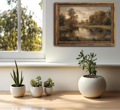 Vintage Gold Framed Landscape Wall Art Vintage River Painting Canvas Prints Landscape Wall Decor Countryside Sheep Painting Style Poster Print Artwork for Living Room Bedroom Home Decoration in Saudi Arabia