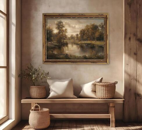 Vintage Gold Framed Landscape Wall Art Vintage River Painting Canvas Prints Landscape Wall Decor Countryside Sheep Painting Style Poster Print Artwork for Living Room Bedroom Home Decoration in Saudi Arabia