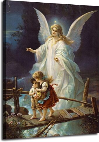 Guardian Angel Wall Art Angel Protecting Children on Bridge Wall Decor Framed Canvas Print Picture Guardian Angel Poster HD Painting for Gift Room Home Ready to Hang(12''Wx16''H) in Kuwait