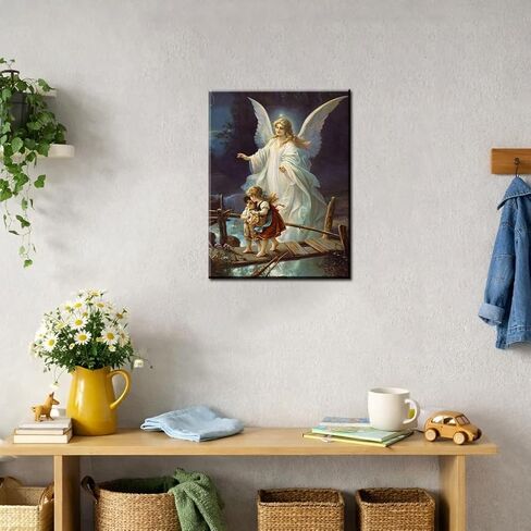 Guardian Angel Wall Art Angel Protecting Children on Bridge Wall Decor Framed Canvas Print Picture Guardian Angel Poster HD Painting for Gift Room Home Ready to Hang(12''Wx16''H) in Kuwait