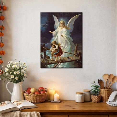 Guardian Angel Wall Art Angel Protecting Children on Bridge Wall Decor Framed Canvas Print Picture Guardian Angel Poster HD Painting for Gift Room Home Ready to Hang(12''Wx16''H) in Kuwait