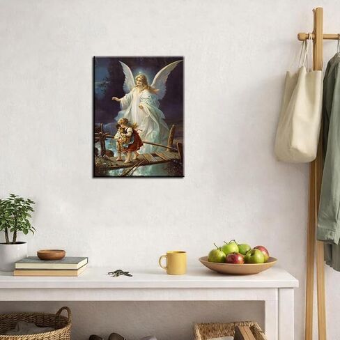 Guardian Angel Wall Art Angel Protecting Children on Bridge Wall Decor Framed Canvas Print Picture Guardian Angel Poster HD Painting for Gift Room Home Ready to Hang(12''Wx16''H) in Kuwait