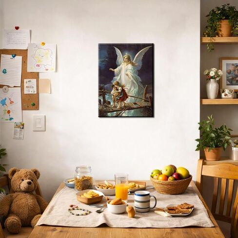 Guardian Angel Wall Art Angel Protecting Children on Bridge Wall Decor Framed Canvas Print Picture Guardian Angel Poster HD Painting for Gift Room Home Ready to Hang(12''Wx16''H) in Kuwait