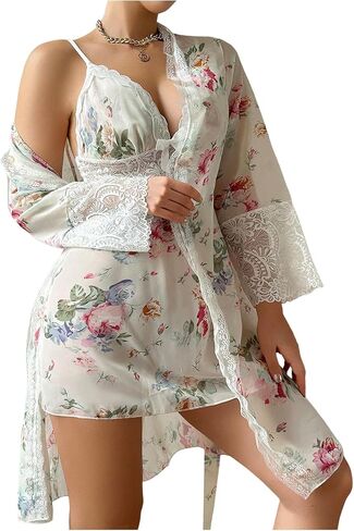 OYOANGLE Women's Chiffon Lace Nightgown with Robe Set Floral Cami Nightwear 2 Piece Sleepwear in Saudi Arabia
