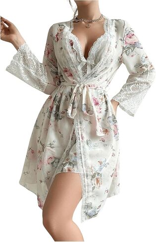 OYOANGLE Women's Chiffon Lace Nightgown with Robe Set Floral Cami Nightwear 2 Piece Sleepwear in Saudi Arabia