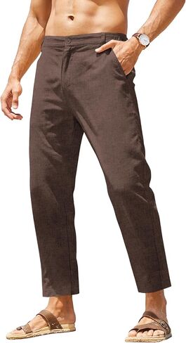 COOFANDY Men's Cotton Linen Pants Elastic Waist Lightweight Casual Pants Striped Beach Pants with Pockets in Kuwait