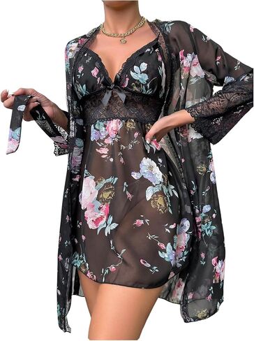 OYOANGLE Women's Chiffon Lace Nightgown with Robe Set Floral Cami Nightwear 2 Piece Sleepwear in Saudi Arabia
