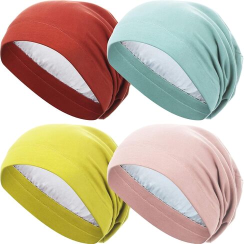 4 Pieces Satin Lined Sleep Cap Slouchy Beanie Hat Night Hair Cap for Women (Green, Rust Red, Yellow, Pink) in Saudi Arabia