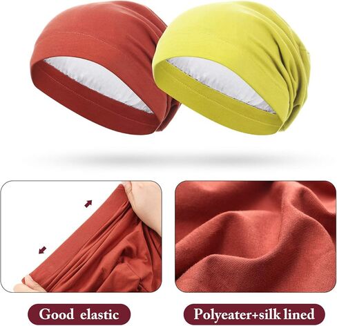 4 Pieces Satin Lined Sleep Cap Slouchy Beanie Hat Night Hair Cap for Women (Green, Rust Red, Yellow, Pink) in Saudi Arabia