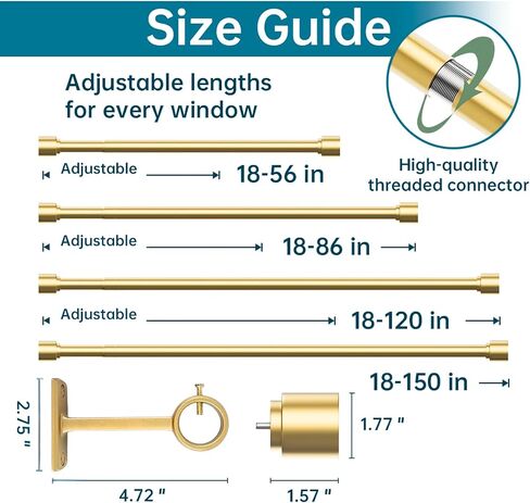 18-150 Inch Curtain Rods, No Drill Easy Installation, 1 Inch Diameter, Adjustable Heavy Duty Rod, Gold Extra Long Window Rods, Decorative Finials, Wall Brackets in Saudi Arabia