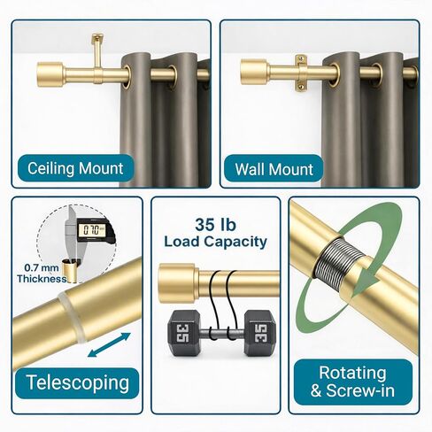 18-150 Inch Curtain Rods, No Drill Easy Installation, 1 Inch Diameter, Adjustable Heavy Duty Rod, Gold Extra Long Window Rods, Decorative Finials, Wall Brackets in Saudi Arabia