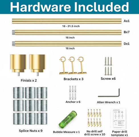 18-150 Inch Curtain Rods, No Drill Easy Installation, 1 Inch Diameter, Adjustable Heavy Duty Rod, Gold Extra Long Window Rods, Decorative Finials, Wall Brackets in Saudi Arabia
