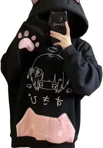 Women's Kawaii Cat Ear Hoodie Anime Graphic Oversized Sweatshirt Cute Aesthetic Pastel Goth Long Sleeve Pullover in Saudi Arabia