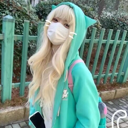 سويت شيرت نسائي بغطاء للرأس بتصميم Kawaii Cat Ear برسومات الرسوم المتحركة كبيرة الحجم، بلوفر بأكمام طويلة وجمالي باستيل قوطي in Kuwait