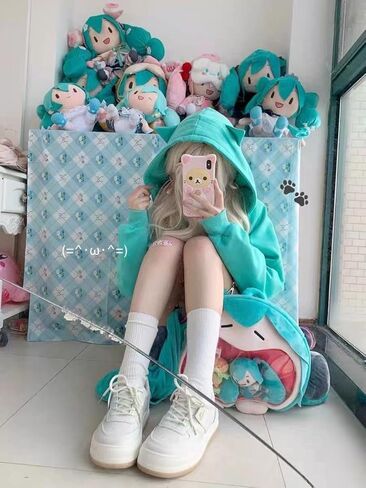 سويت شيرت نسائي بغطاء للرأس بتصميم Kawaii Cat Ear برسومات الرسوم المتحركة كبيرة الحجم، بلوفر بأكمام طويلة وجمالي باستيل قوطي in Kuwait