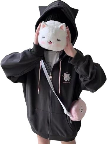 سويت شيرت نسائي بغطاء للرأس بتصميم Kawaii Cat Ear برسومات الرسوم المتحركة كبيرة الحجم، بلوفر بأكمام طويلة وجمالي باستيل قوطي in Kuwait