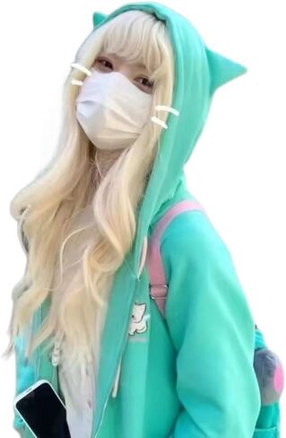 سويت شيرت نسائي بغطاء للرأس بتصميم Kawaii Cat Ear برسومات الرسوم المتحركة كبيرة الحجم، بلوفر بأكمام طويلة وجمالي باستيل قوطي in Kuwait