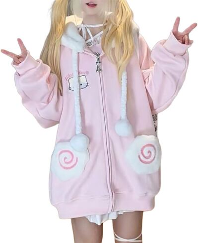 سويت شيرت نسائي بغطاء للرأس بتصميم Kawaii Cat Ear برسومات الرسوم المتحركة كبيرة الحجم، بلوفر بأكمام طويلة وجمالي باستيل قوطي in Kuwait