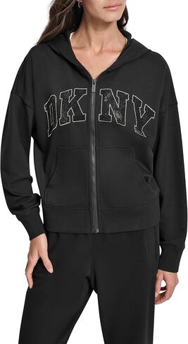 DKNY Women's Exploded Rhinestone Varsity Logo Full Zip Hoodie With Pockets in Saudi Arabia