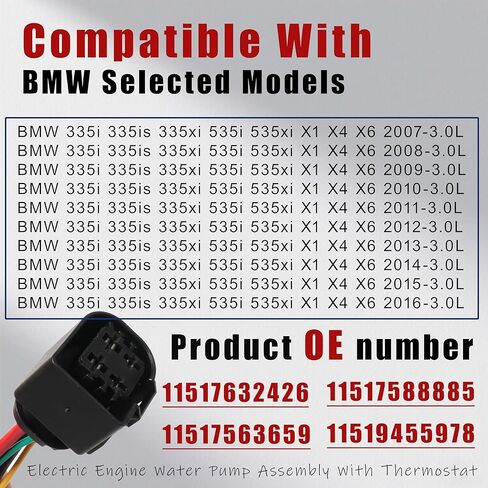 Electric Engine Water Pump Assembly With Thermostat 11517632426 Compatible With BMW 335i 335is 335xi 535i 535xi X1 X4 X6 2007-2016 3.0L Replaces 11517563659 11517588885 11519455978 in Kuwait