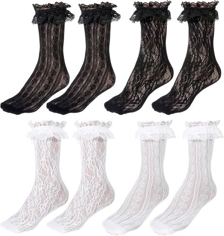 4 Pairs Lace Socks for Women Ankle Ruffle, Ruffle Lace Socks With Frilly Mesh Trim, Cute Sock for Women Lacy Ruffled Bootie Sock for Women's Princess Accessories for Dress, Party, Black White in Saudi Arabia