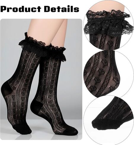 4 Pairs Lace Socks for Women Ankle Ruffle, Ruffle Lace Socks With Frilly Mesh Trim, Cute Sock for Women Lacy Ruffled Bootie Sock for Women's Princess Accessories for Dress, Party, Black White in Saudi Arabia
