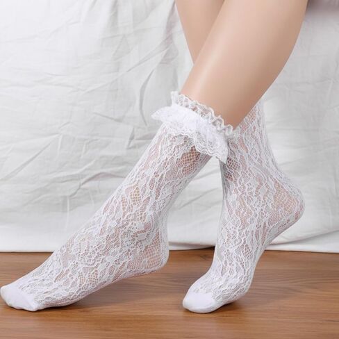 4 Pairs Lace Socks for Women Ankle Ruffle, Ruffle Lace Socks With Frilly Mesh Trim, Cute Sock for Women Lacy Ruffled Bootie Sock for Women's Princess Accessories for Dress, Party, Black White in Saudi Arabia