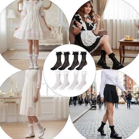 4 Pairs Lace Socks for Women Ankle Ruffle, Ruffle Lace Socks With Frilly Mesh Trim, Cute Sock for Women Lacy Ruffled Bootie Sock for Women's Princess Accessories for Dress, Party, Black White in Saudi Arabia
