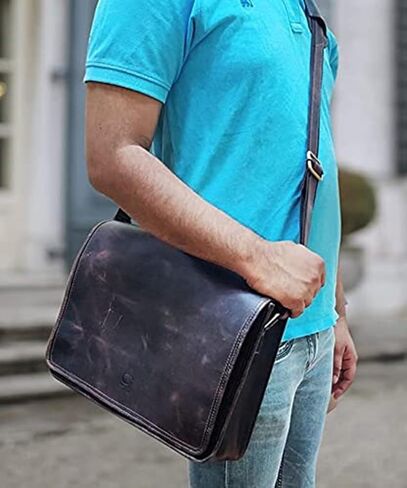 حقيبة ساعي البريد من جلد الجاموس مقاس 15 بوصة، حقيبة كمبيوتر محمول، حقيبة مكتب، هدية للرجال، حقيبة كتف متعثرة للكمبيوتر in Kuwait