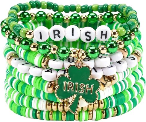 COLORFUL BLING Holiday Surfer Heishi St. Patrick's Day Bracelets Green Lucky Clover Hat Heart Charm Bracelet Cute Irish Shamrock Stackable Clay Beaded Stretch Bracelets for Women Men in Kuwait