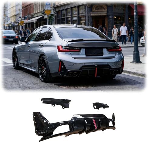 Rear Diffuser Fit for BMW 3 Series G20 330i/M340i LCI 2023-2024 Sedan 4-Door Gloss Black Rear Lower Diffuser with LED Light Automotive Exterior Accessories ABS 3PC Body Kit in Kuwait