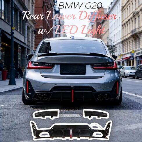 Rear Diffuser Fit for BMW 3 Series G20 330i/M340i LCI 2023-2024 Sedan 4-Door Gloss Black Rear Lower Diffuser with LED Light Automotive Exterior Accessories ABS 3PC Body Kit in Kuwait